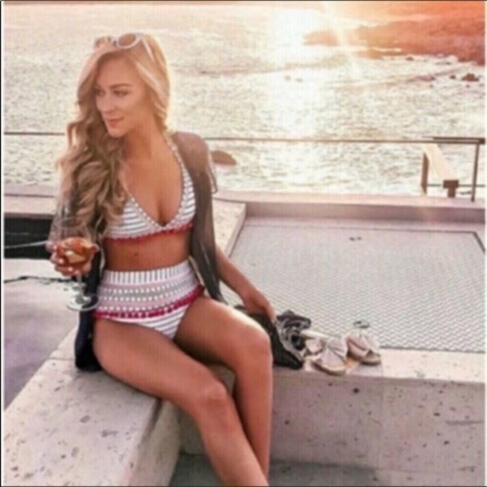 Nautical Stripe Mesh PomPom High Waist Bikini
